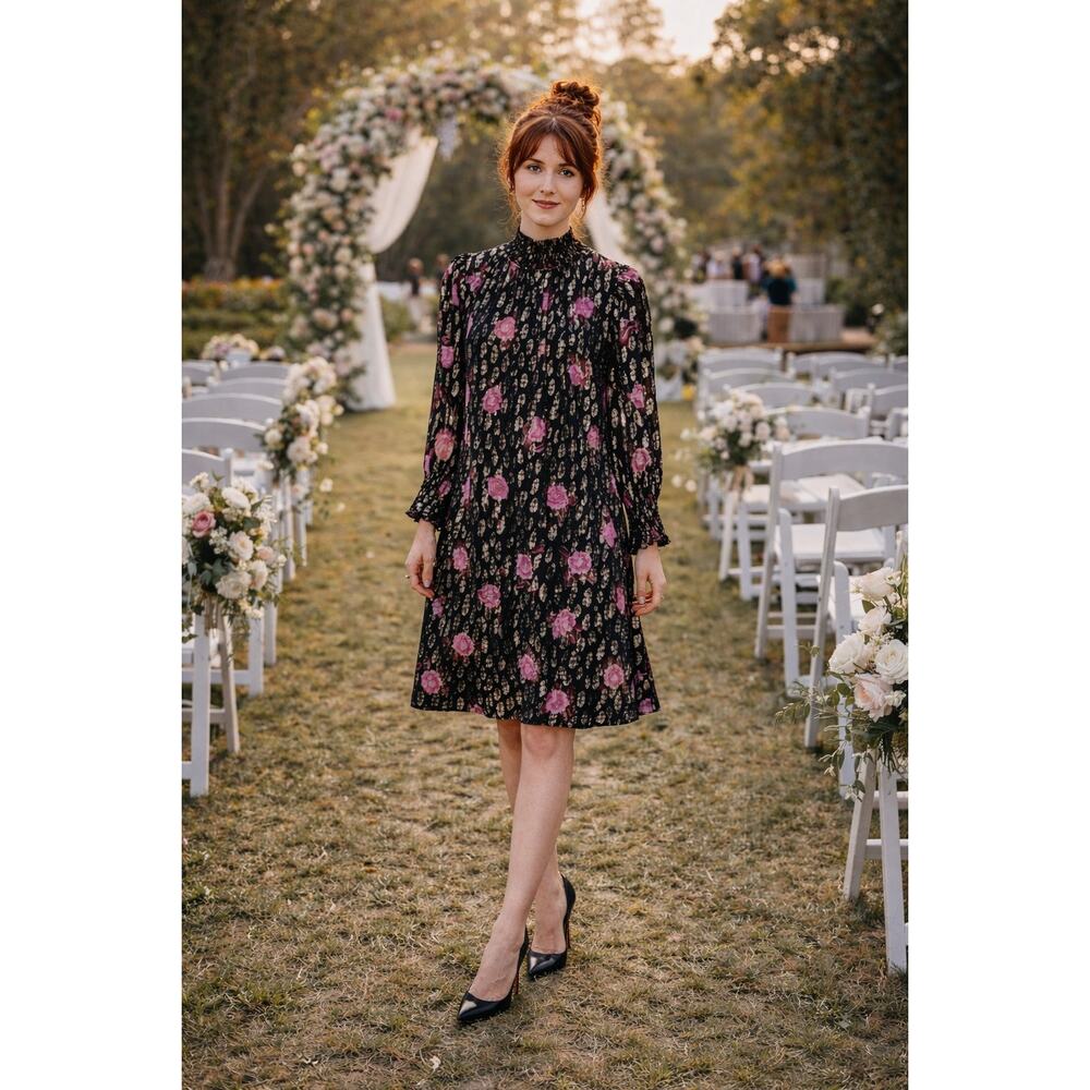 Kate Spade Rose Garden Shift Dress Small Black Floral Smocked Lined Wedding